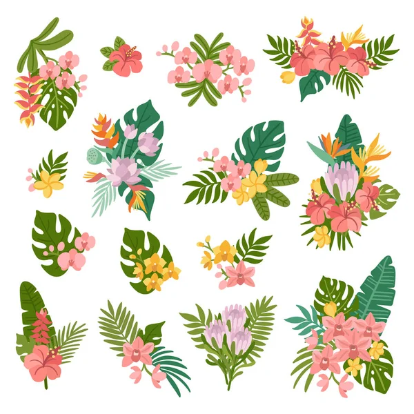 Тропический Набор Букетов Цветов Состоит Пальмовых Листьев Экзотических Цветов Орхидеи — стоковый вектор