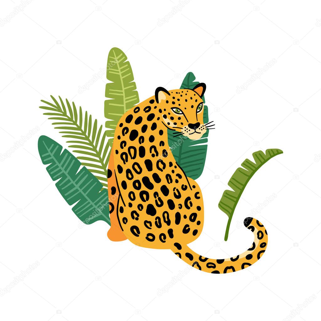 Leopard and palm leaves. Beautiful animal print for home decor, card, mug, brochures, poster, t-shirts etc. Modern vector illustration.