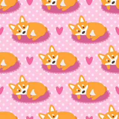 Pembe benekli arka planda, kalpli, köpekli, Galli Corgi 'nin kusursuz deseni. Paketleme, ambalaj kağıdı, tekstil ve benzeri şeylerde kullanılabilir..