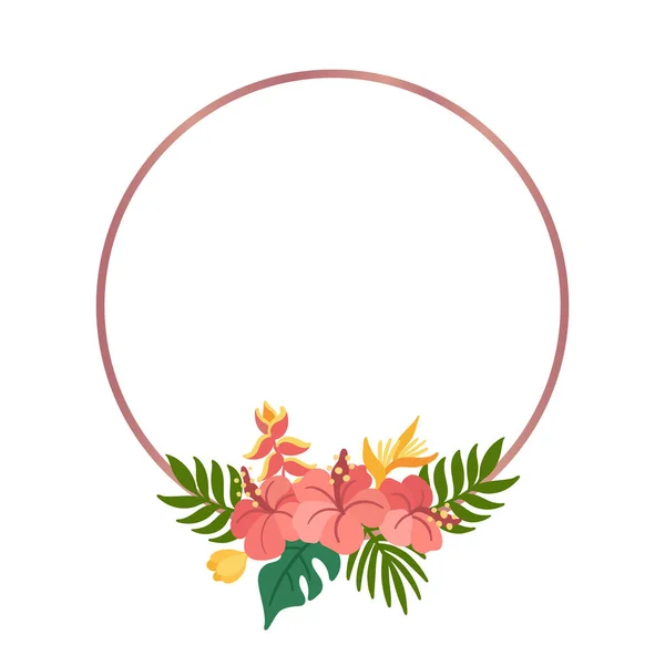 Tropische Cirkel Frame Met Palmbladeren Hibiscus Strelitzia Bloemen Mooie Bloemenprint — Stockvector