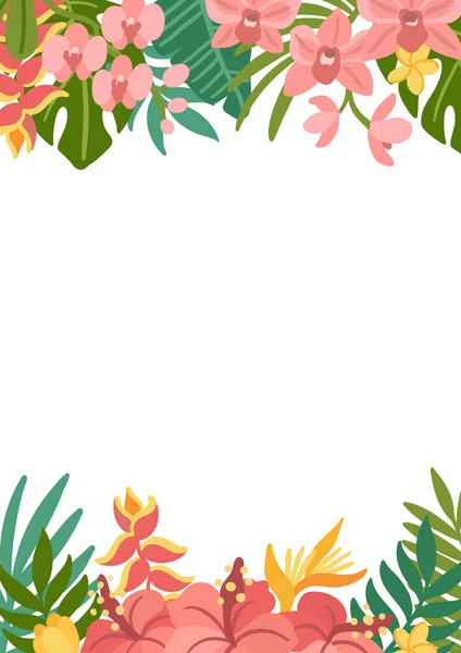 Tropisch Frame Met Palmbladeren Hibiscus Strelitzia Orchidee Plumeria Bloemen Mooie — Stockvector