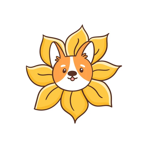 Anjing Corgi Welsh Mengintip Keluar Dari Bunga Matahari Gambar Vektor - Stok Vektor