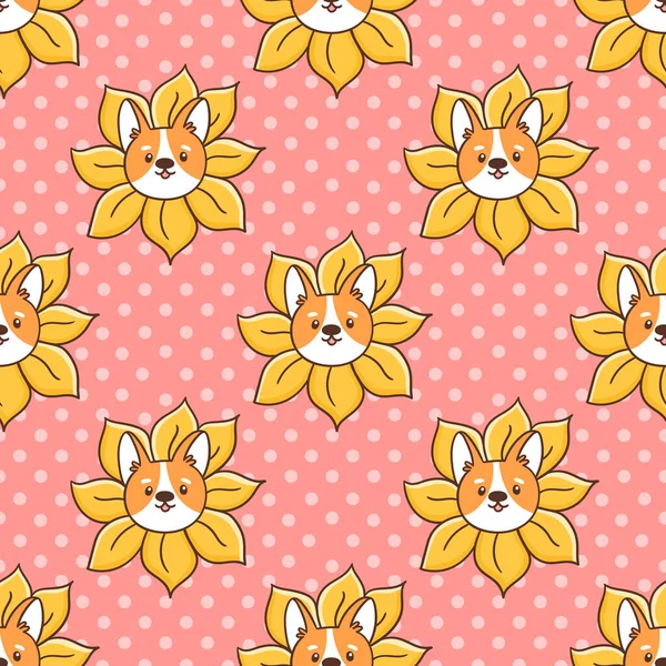 Cute Seamless Pattern Corgi Dog Peeks Out Sunflower Pink Background — Stock Vector