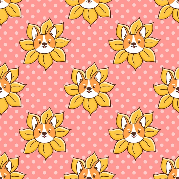 Cute seamless pattern with corgi dog peeks out of a sunflower, on a pink background. It can be used for packaging, wrapping paper, textile, home decor etc.