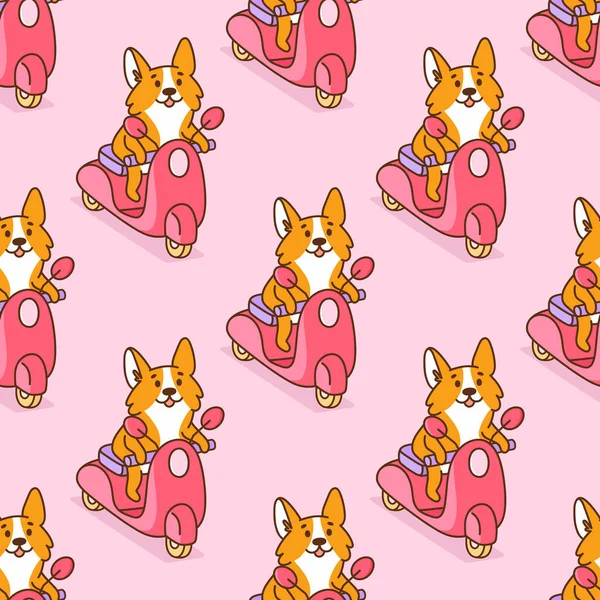 Απρόσκοπτη Μοτίβο Χαριτωμένο Corgi Βόλτες Σκυλιών Ένα Ροζ Motobike Μπορεί — Διανυσματικό Αρχείο
