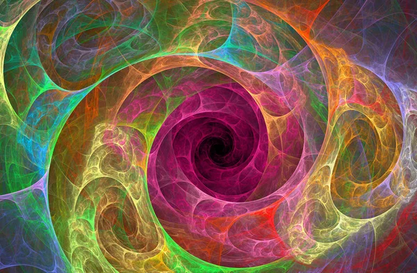 Computergenerierte fraktale Abstraktion glühender Spiralregenbogentunnel — Stockfoto