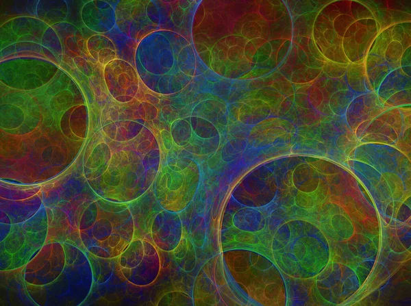 Composition of bubbles and circles and fractal elements with metaphorical relationship to space, science and modern technology. Abstract background. Raster fractal graphics.