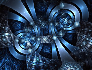 Siyah arkaplanda mavi parlak spirallerle soyut, karmaşık geometrik süslemeler. Fantezi fraktal tasarımı. Saykodelik dijital sanat. 3 boyutlu görüntüleme. Dokulu kurdeleli soyut egzotik spiral.