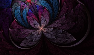Güzel köşegen fraktal çiçek. Renkli simetrik kelebek boyalı cam tarzında. Dekor elementi. Yaratıcı tasarım, sanat ve eğlence için sanat eserleri. Bilgisayar tarafından oluşturulan grafikler.
