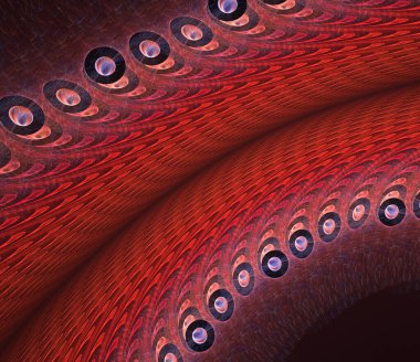 Sarmal ve baloncuk fraktalları, arka planda dönen küçük galaksilerle karmaşık bir şablon oluşturur. Fraktal kabarcıklar ve delikler uzayda kıvrılır ve yüzer. Soyut fraktal arkaplan Spiral bilgisayar tarafından oluşturulan resim.