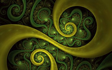 Fraktal moleküller. Alevler, kıvrımlar ve fraktal elementler. Soyut fraktal arka plan. Dijital sanat: dalgalı arkaplanda yumuşak spiral. Kartlar, kapaklar, posterler için. Bilgisayar tarafından oluşturulan resim