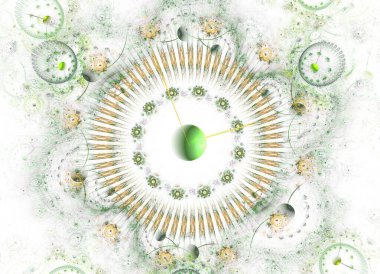 Beyaz üzerine parlak bir saat. Fantezi uzay saat makinesi