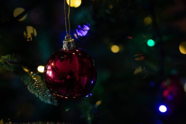 Kırmızı Noel balosu arka planda bulanık ışıklarla bir Noel ağacında asılı duruyor.