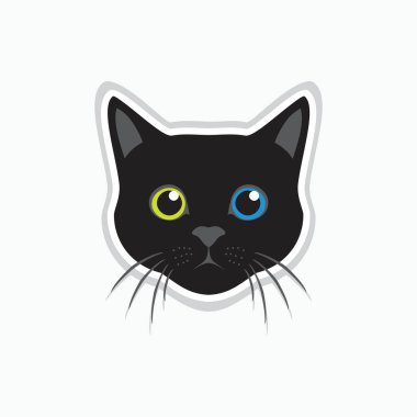 Farklı gözleri olan sevimli siyah kedi yüzü - basit komik kedi logosu