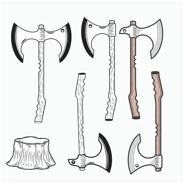 Single Axe Tomahawk Set Wood Equipment Set — Stock Vector