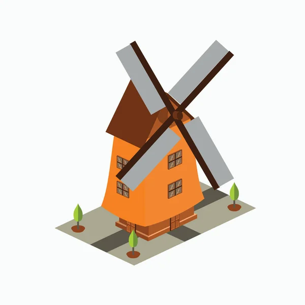 アイソメトリックウィンドミル オランダのシンプルな風力発電所の建物 — ストックベクタ