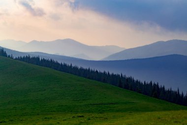 Gün batımında sisli dağlarda. Alp Dağı 'nın yeşil çayırı ve ormanı gün batımında arka plandaki dağlarda. Dağ Görünümü.