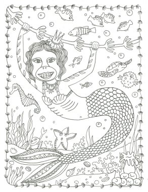 Maymun deniz kızı el çizimi renk sayfası