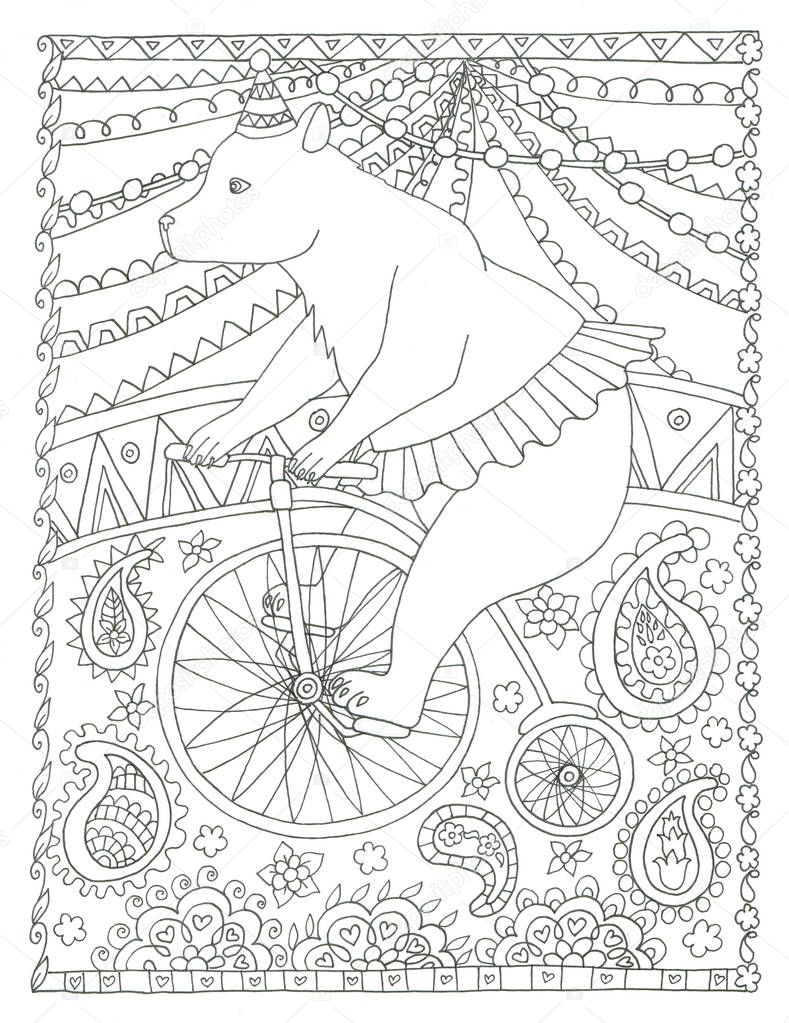 Bear riding bike hand drawn coloring page