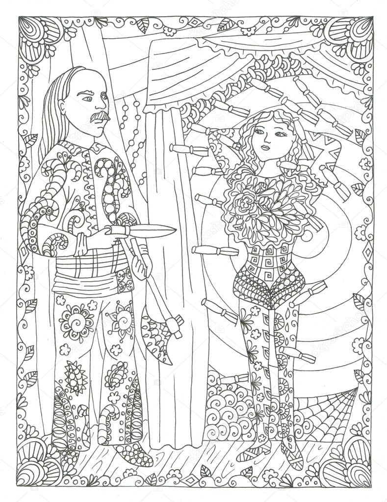 Circus knife thrower hand drawn coloring page