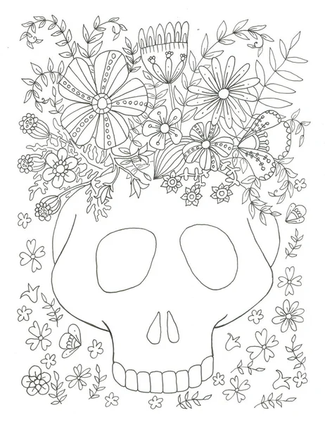 砂糖頭蓋骨手描き着色ページインク — ストック写真