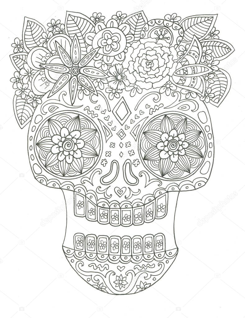 Sugar skull hand drawn coloring page ink