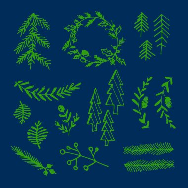 Noel ağacı karalaması. Noel ağacı şekilleri koleksiyonu el çizer. Noel günü için tasarım öğeleri. Vektör Noel ağaçları. Vektör illüstrasyonu.