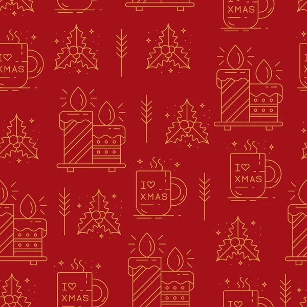Прості Безшовні Різдвяні Візерунки Векторні Ілюстрації Білі Контури Червоному Тлі — стоковий вектор