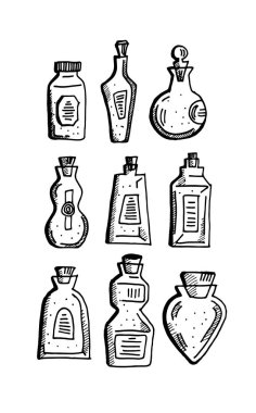 Çizgi film çizim sihirli el çizimi seti. Sanat soyutlandı. Mürekkep stili boho şık stili çıkartma, yama, flash dövme veya yazdırma tasarım vektörü illüstrasyonu