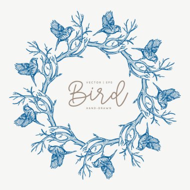 Kuşlardan yapılmış kusursuz kurdele sınırı. Mavi mahsul. Paketleme, kumaş, tekstil, kağıt, çerçeve için tasarım.