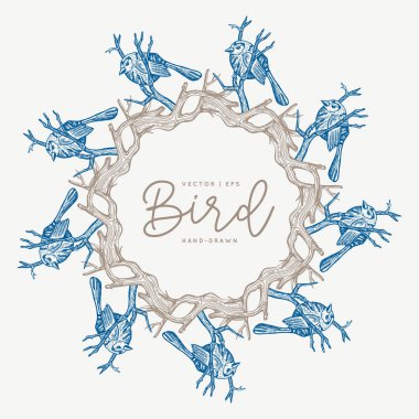 Kuşlardan yapılmış kusursuz kurdele sınırı. Mavi mahsul. Paketleme, kumaş, tekstil, kağıt, çerçeve için tasarım.