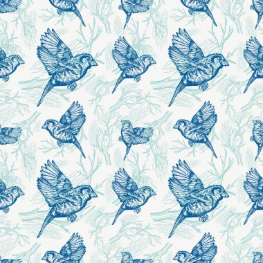 Klasik basit yaz kuşları geçmişi. Moda deseni, çiçek süsü, dekorasyon ve tasarım için retro tarzı kumaş..