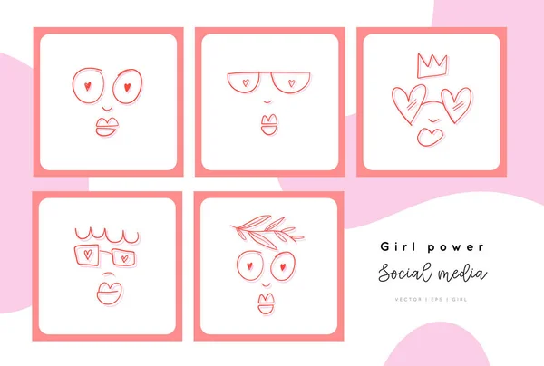 Femminismo Doodle Poster Girl Power Card Femministe Volti Delle Donne — Vettoriale Stock