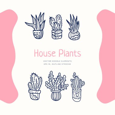 Beyaz arka planda izole edilmiş karikatür tarzında saksılarda sevimli el çizimi ev bitkileri. Karantina pozitif karalama simgeleri, ev ögeleri.
