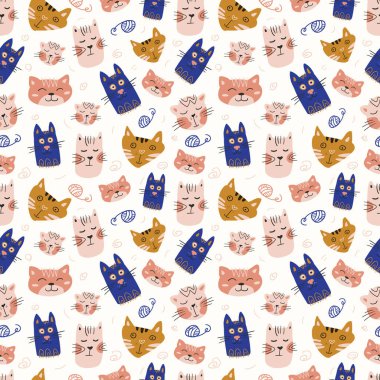 Vektör elle çizilmiş kusursuz desen tasarımı. Beyaz arka planda izole edilmiş sevimli ve komik kediler. Şapkalı ve gözlüklü moda hayvanlar. Yaratıcı çocuksu pembe doku. Kumaş ve tekstil için harika..