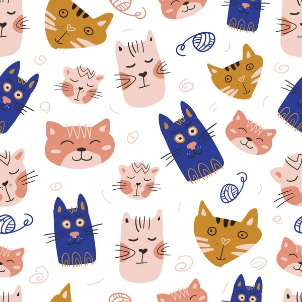 Diseño Patrón Sin Costura Dibujado Mano Vectorial Lindos Divertidos Gatos — Archivo Imágenes Vectoriales