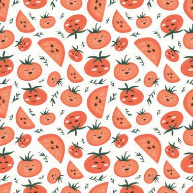 Taze kırmızı domates vektör çizimleri. Kusursuz bir arka plan. Moda, iç mekan, kapak veya tekstil için İskandinav karikatür çizimi.