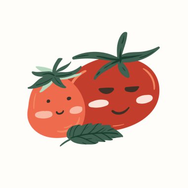 Taze kırmızı domates vektör çizimleri. Moda, iç mekan, kapak, tekstil veya arka plan için İskandinav karikatür çizimi.