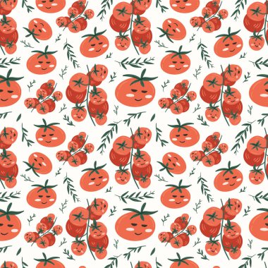 Taze kırmızı domates vektör çizimleri. Kusursuz bir arka plan. Moda, iç mekan, kapak veya tekstil için İskandinav karikatür çizimi.