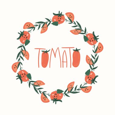 Taze kırmızı domates vektör çizimleri. Moda, iç mekan, kapak, tekstil veya arka plan için İskandinav karikatür çizimi.