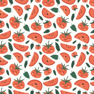 Taze kırmızı domates vektör çizimleri. Kusursuz bir arka plan. Moda, iç mekan, kapak veya tekstil için İskandinav karikatür çizimi.