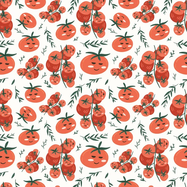 Ilustrações Vetoriais Tomates Vermelhos Frescos Fundo Padrão Sem Costura Mão — Vetor de Stock