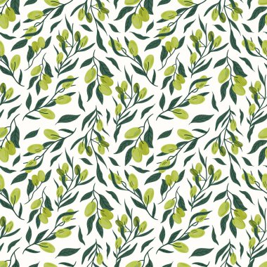 Dal vektör çizimlerinde yeşil zeytin. Kusursuz bir arka plan. Moda, iç mekan, kapak veya tekstil için İskandinav karikatür çizimi.