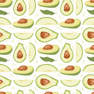 Avokado vektör çizimleri. Kusursuz bir arka plan. Moda, iç mekan, kapak veya tekstil için İskandinav karikatür çizimi.