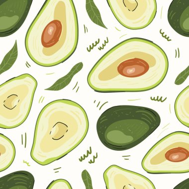 Avokado vektör çizimleri. Kusursuz bir arka plan. Moda, iç mekan, kapak veya tekstil için İskandinav karikatür çizimi.