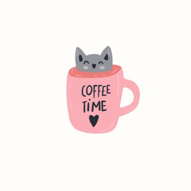 Kedi. Hayvan karakteri. Evde çalışmak, ortak çalışma alanı, konsept vektör çizimi. Poster tasarımı, çocuk baskısı, tebrik kartı, sosyal medya postası, kartlar, tekstil. İskandinav tarzı.