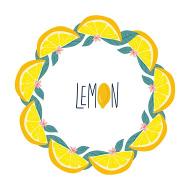 Limon çelengi ya da sınır. Beyaz arka planda izole edilmiş tropik yaz meyveleri. Citrus 'un el çizimi tarzı. Moda, iç mekan, kapak, tekstil veya arka plan için İskandinav İskandinav İskandinav tasarımı. 
