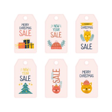 Mutlu Noeller ve Mutlu Yeni Yıl indirimi çizimleri. Moda tarzı. Vektör tasarım şablonu. Poster, kart, davetiye, pankart, broşür, broşür için tasarım.