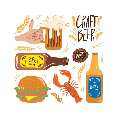 Bira festivali seti. Karalama tarzında vektör illüstrasyonu. Beyaz bir arka planda izole edilmiş. Bir barda parti kutlaması..