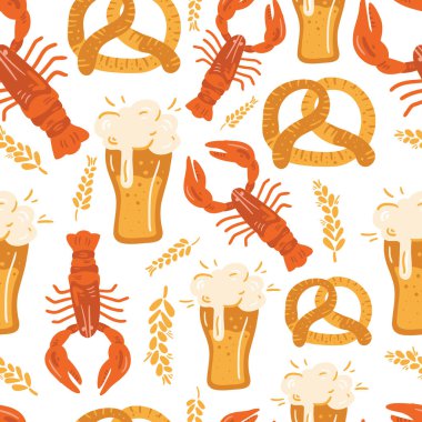 Bira festivali kusursuz desenli illüstrasyon. Moda tarzı. Vektör tasarım şablonu. Poster, kart, davetiye, pankart, broşür, broşür için tasarım.